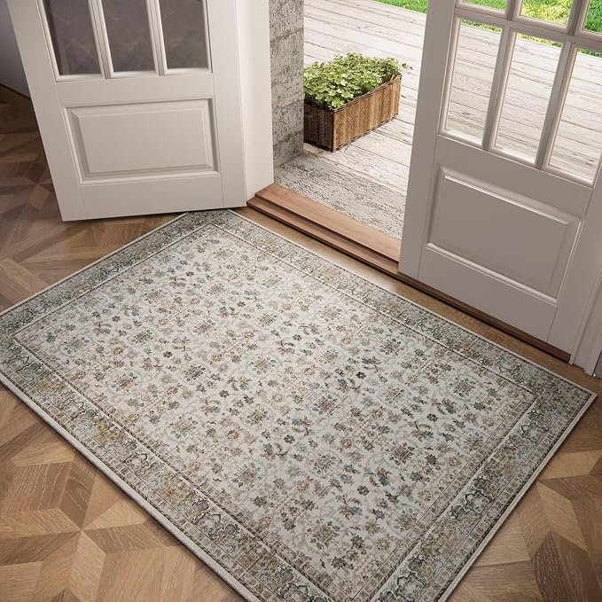 Washable 3x5 Entryway Rug, Boho Vintage Non-Slip Door Mat, Cream/Blue | 0.3" Neutral Throw Small Rugs for Bedroom Kitchen Nursery Entrance, Cushioned for High-traffic Area