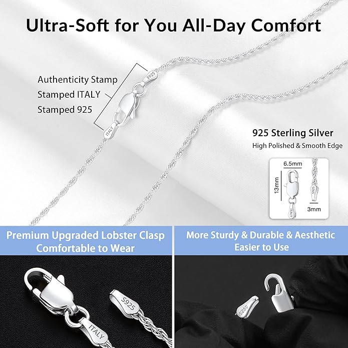 2mm Rope Chain 925 Sterling Silver Chain Necklace for Women, 14K Gold Plated Chains for Women Durable & Smooth Women's Chains Necklace, 16 18 20 22 24 26 Inch