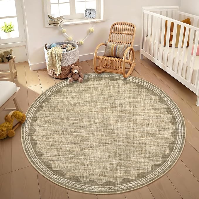 GarveeHome Scalloped Edge Circle Solid Tan Jute Digital Printing 5ft Round Rug Washable Non-Slip Soft Ultra-Thin Modern Carpet for Living Room Kitchen Bedroom Nursery Dining Room