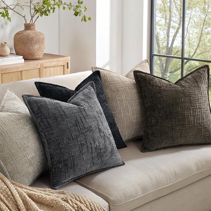 decorUhome Chenille Throw Pillow Covers 20x20 Set of 2,Dark Grey | Soft Texture, Slubby Modern Design, Flange Edges, Cozy Accent Pillow Covers for Couch, Sofa, Bed, Living Room