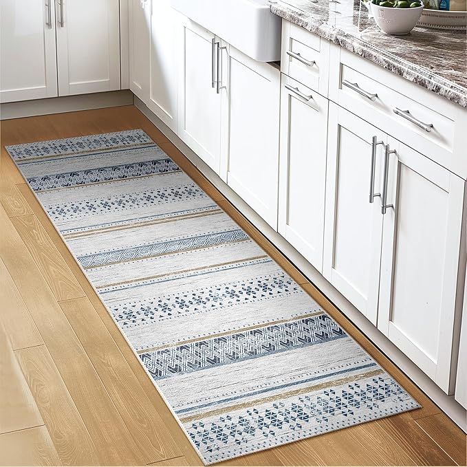 BESTSWEETIE 2x6 Area Rugs for Living Room Washable Moroccan Farmhouse Neutral Geometric Low Pile Non-Slip Soft Print Pattern Rug for Bedroom Kitchen Dining Room Entryway Blue/Brown