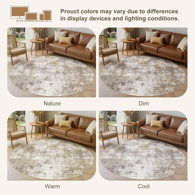 8ft Round Area Rugs for Living Room, 8x8 Washable Non Slip Soft Large Rugs for Bedroom Dining Room, Modern Abstract Low Pile Stain Resistant Carpet for Laundry Office Home Decor - Gold Brown