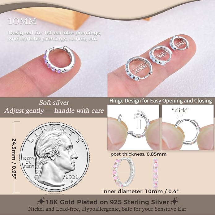 Tiny Mini Opal Huggie Hoop Earrings Upper Ear Cartilage Helix 18k Gold Plated Silver Minimalist Simple Small 10mm 8mm 6mm Hoop Earrings