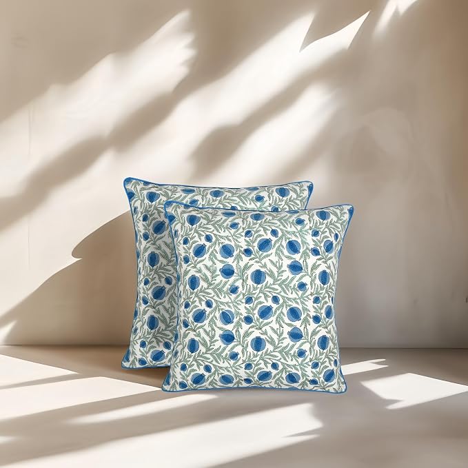 Ridhi Block Print Queen Blue Pillow Cover 24" x 24" (Pack of 2) Decorative Couch Pillows for Living Room, Farmhouse Chic Boho Cute Outdoor Pillows Covers Gifts for Spring, Mother's Day