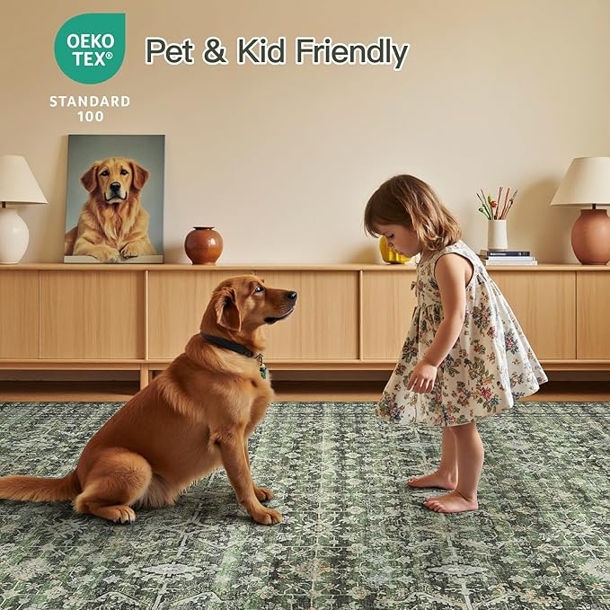 Lofus 10X 12 Area Rug for Living Room,Green Washable Area Rugs with Non-Slip Backing,Soft Boho Carpets for Bedroom Dining Room Home Office Indoor Nursery