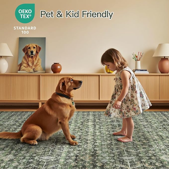 Lofus 9x12 Area Rug for Living Room,Green Washable Large Rugs with Non-Slip Backing,Soft Boho Carpets for Bedroom Dining Room Home Office Indoor Nursery