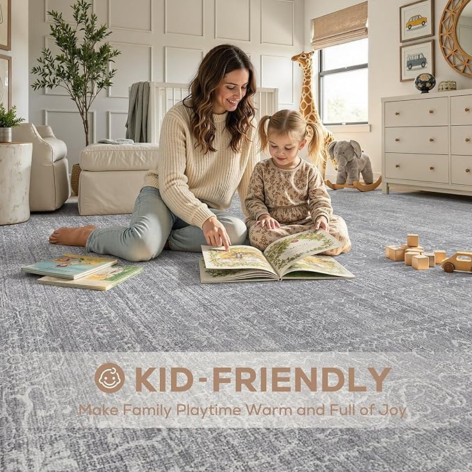 Nakagishi 10x14 Area Rugs Living Room: Washable Large Vintage Rug Neutral Non-Slip Soft Stain Resistant Indoor Carpet for Bedroom Nursery Dining Room Office Playroom - Grey