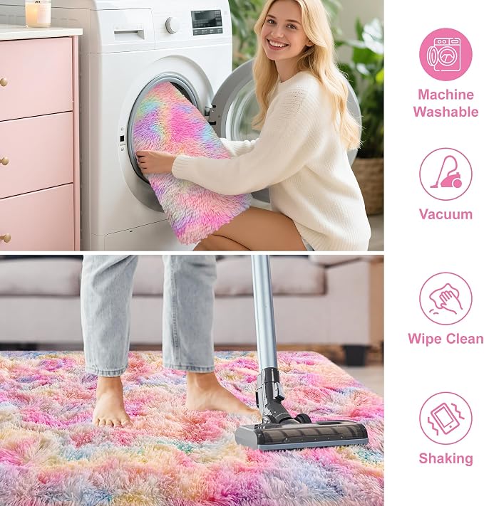 2x5 Feet Tie-Dye Rainbow Unicorn Rug for Girls Bedroom, Ultra Soft Shag Fluffy Runner for Bedroom, Colorful Area Carpet for Kids Room, Living Room, Kawaii Nursery Decor