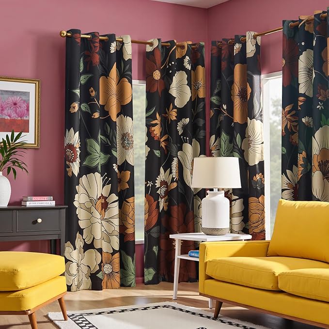 jinchan Black Boho Floral Blackout Curtains 102 Inch Grommet 2 Panels | Room darkening, Vintage, living room, bedroom, privacy, floral print, flower pattern, fall decor, window treatments