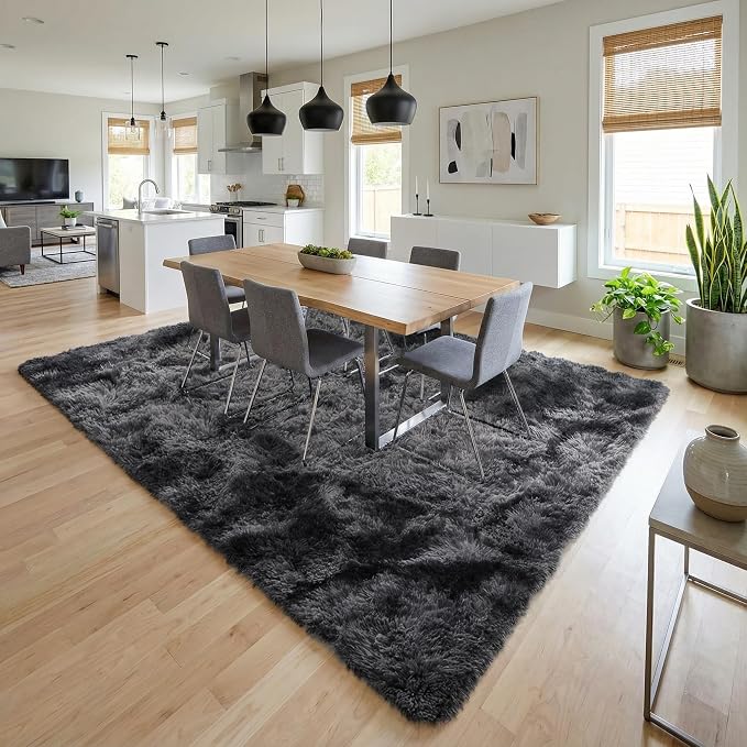 Fluffy Rugs for Living Room: Tie-dye Dark Grey Soft Shag Rug for Bedroom, Large Fuzzy Plush Indoor Floor Carpet Non Slip Modern Rug for Nursery Boys Girls Kids Room Dorms Home Decor, 9x11 Feet