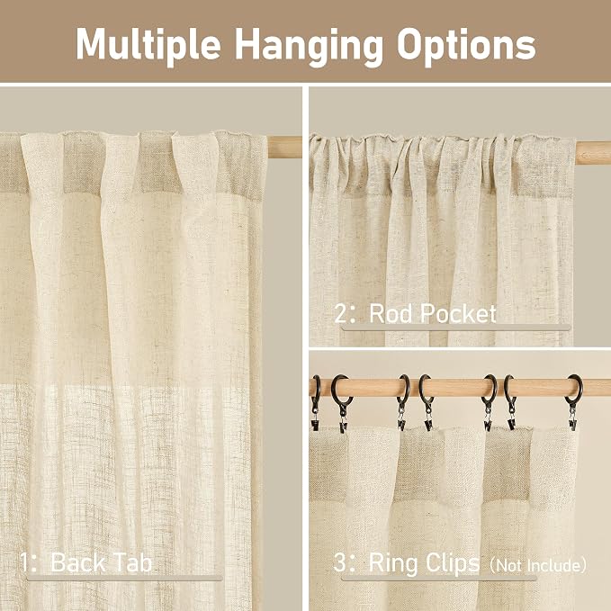 LAMIT Living Room Linen Curtains 95 Inch for Bedroom, Back Tab and Rod Pocket Linen Textured Sheer Curtains Light Filtering Boho Drapes for Canopy/Nursery, 2 Panels, 52 x 95 Inch, Beige