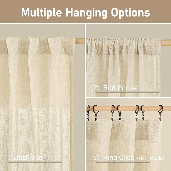 LAMIT Beige Semi Sheer Linen Curtains 60 Inch, Light Filtering Neutral Window Panels Farmhouse Boho Back Tab and Rod Pocket Drapes for Bedroom, 2 Panels, 52 x 60 Inch