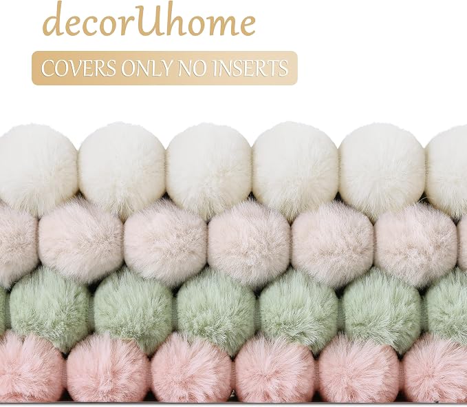 decorUhome Fall Faux Fur Throw Pillow Covers 18x18 Set of 4 White/Pink | Decorative Modern Farmhouse Soft Cozy Striped Pillow Cases Velvet Back for Sofa Bed Living Room Classic Accent Home Decor