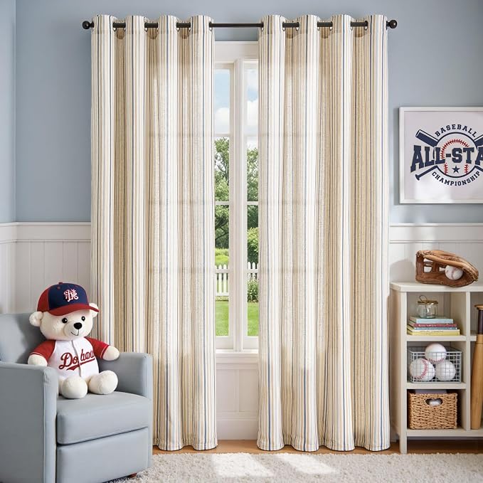 Vangao Linen Stripe Nursery Curtains for Kids Tickingstripe Light Filtering Window Curtains Colorful Pinstripe Printed Drapes 84 Inches Long for Living Room Girls Bedroom Colorful Blue 2 Panels