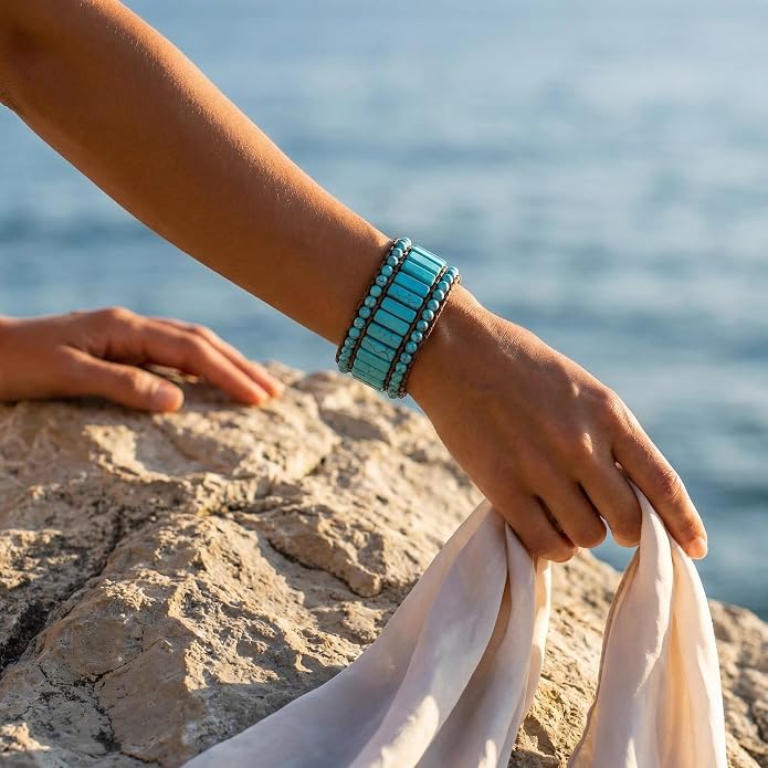 YGLINE Boho Handmade Natural Stone Bead 3 Row Wide Wrap Wrist Statment Bracelet Jewelry Collection
