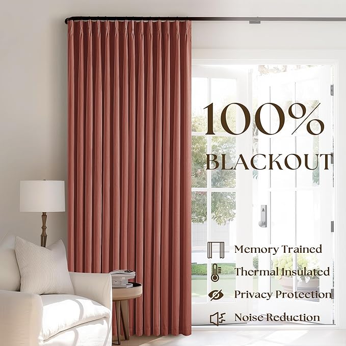 Firebrick 63 Inch Blackout Pleated Linen Curtains with Liner 2 Panels 40x63 | Memory Trained, 100% Black Out, Thermal Insulated, UV Blocking, Noise Reducing, Pinch Pleat Curtains for Small Window Bedroom