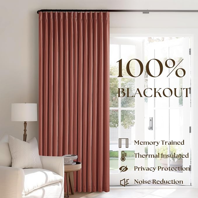 TWODRAPES Terracotta 100% Black Out Pinch Pleat Linen 108 Inch Curtains | Black Out Curtains Lined 2 Layers, Memory Shape, Noise Reducing, Room Darkening, for Living Room Window, W40xL108 2 Panels