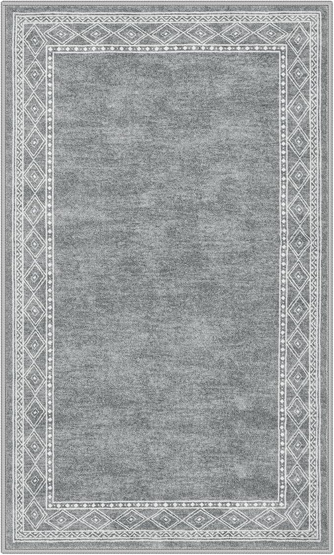 Lahome Modern Bordered Machine Washable Rug, Ultra-Thin 3x5 Rugs for Entryway Bedroom, Non-Slip Stain Resistant Small Carpet for Laundry Entrance (3'x5',Grey)