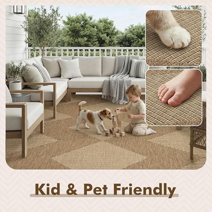 MontVoo-Outdoor Rug Carpet Patio Rug 6x9 ft Polypropylene Indoor Outdoor Rugs for Patio Deck Balcony Porch, Textured Weave, Durable for High Traffic, Fade-Resistant, Boho Geometric Neutral Brown