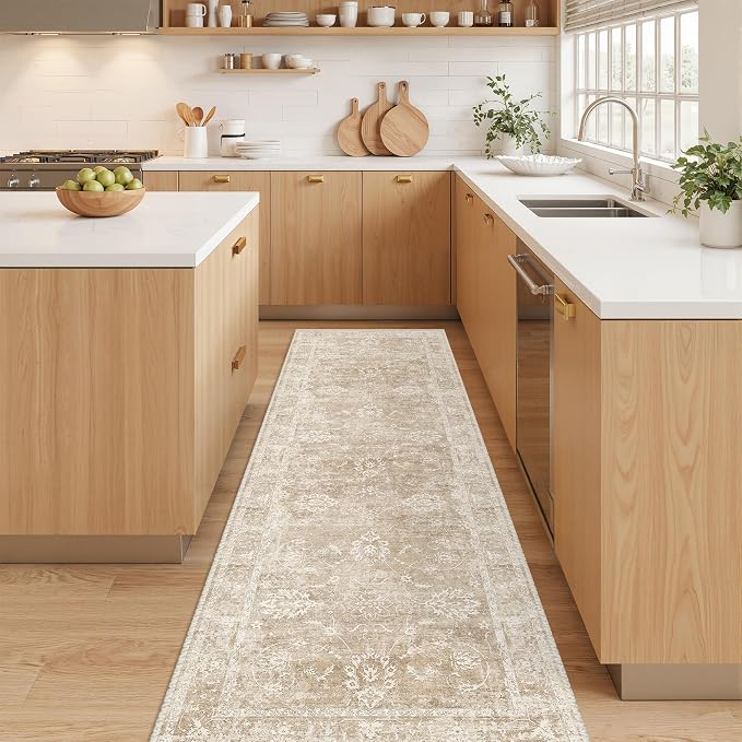 Madane Washable Runner Rug 2x5 with Non-Slip Rubber Backing, Vintage Kitchen Hallway Rug Soft Low Pile Throw Carpet Runner for Entryway Laundry Bathroom Bedroom Living Room (2 x 5, Beige/Brown)