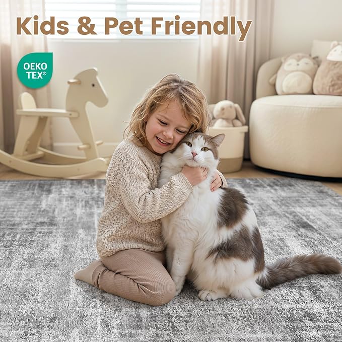 Washable 6x9 Area Rug for Living Room - Modern Abstract Carpet with Non-Slip Backing, Low Pile & Soft, Stain Resistant, Kid & Pet Friendly Decor for Bedroom & Dining Room - Black Grey