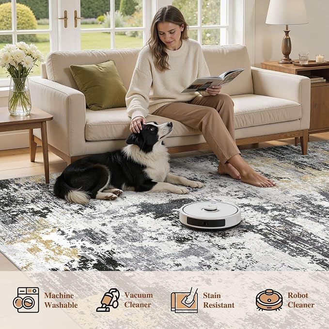 UERMEI 9x12 Area Rug for Living Room - Washable Neutral Modern Abstract Carpet, Non-Slip Soft Large Indoor Floor Rugs for Bedroom Home Office & Under Dining Table Decor, Black/White/Gold