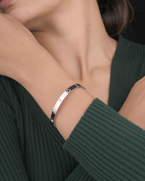 Stainless Steel Heart Motif Bangle Bracelet - Polished Hinged Cuff with Cubic Zirconia Accents - Durable Love-Inspired Design for Women