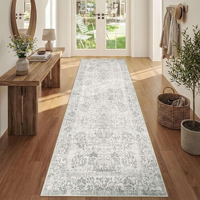 Rugxara 2'6" x 8' Hallway Runner Rug, Non Slip Boho Runner Rugs for Hallway, Kitchen, Entrance, Bathroom, Laundry Room, Soft Ultra-Thin Entryway Carpet, Throw Low Pile Retro Carpet, Grey