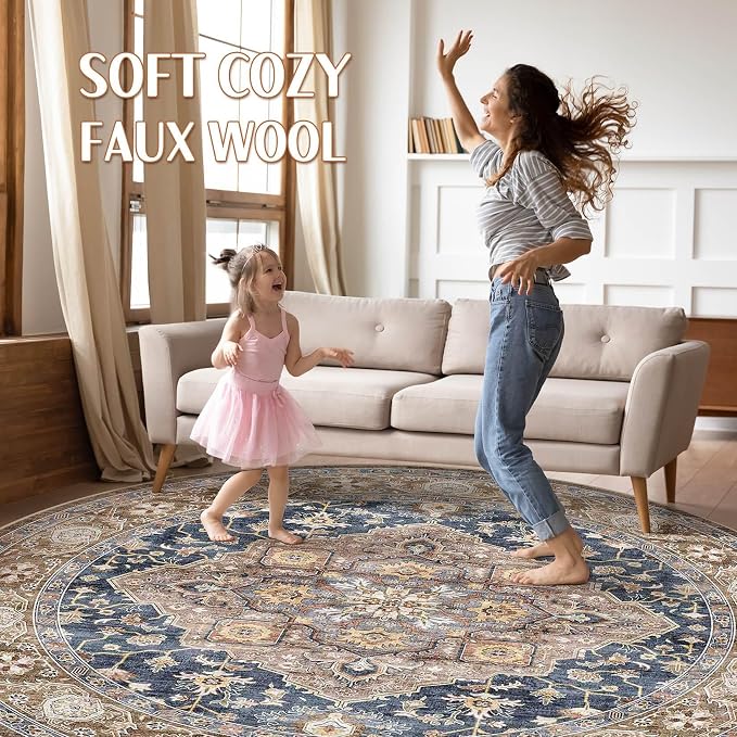 Round Rug Living Room Rugs: 10x10 Washable Boho Neutral Large Circle Soft Indoor Floral Stain Resistant Floor Farmhouse Carpet for Bedroom Nursery Kids Playroom Office Dining Room Dorm- Yellow Blue