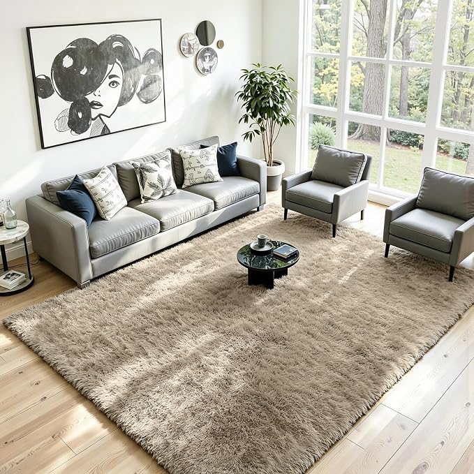 8x10 Area Rug for Living Room, Ultra Soft Fluffy Grey Camel Rugs for Bedroom, Non Slip Large Shag Carpet, Fuzzy Plush Nursery Rug, Thick Washable Indoor Floor Carpets for Kids Office Dorm Home Decor