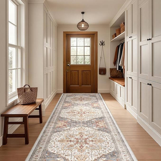 Tortania Area Rug 2x6 Runner Rugs - Washable Vintage Oriental Farmhouse Thin Indoor Carpet for Living Room Bedroom Hallway Entryway Kitchen Under Dining Table Home Office - Orange Multi