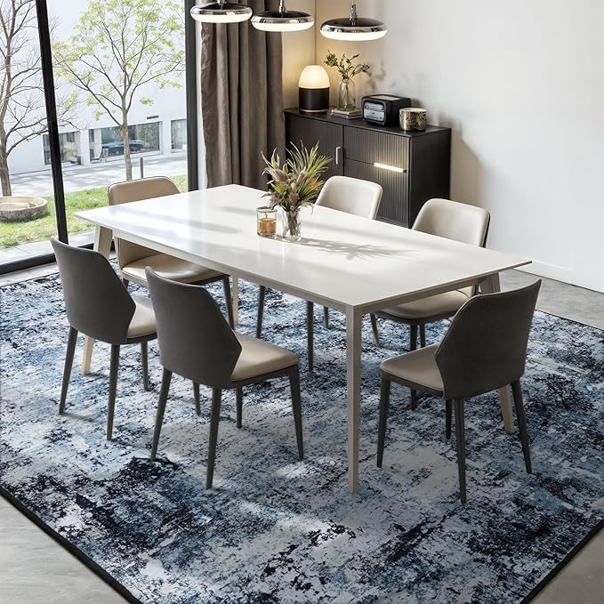 Rugflix 7x10 Area Rugs for Living Room, Washable Large Rug Stain-Resistant Low Pile, Modern Dark Carpet for Dining Room Home Office Kid Room Nursery Bedroom, Navy Blue/Black