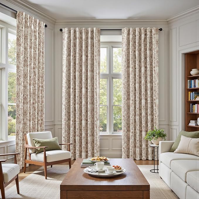 jinchan Taupe Floral Blackout Curtains 84 Inch Farmhouse Back Tab 2 Panels | Taupe on beige, room darkening, traditional vintage drapes, bedroom, living room, botanical, flower print, window treatment
