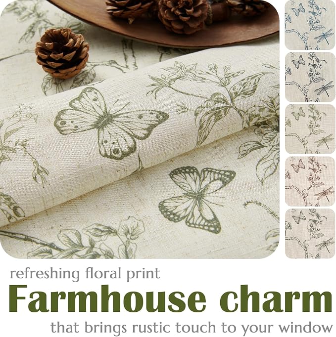 Lazzzy Charlotte Green Floral Lined Linen Farmhouse Curtains 90 Inch Long Back Tab Drapes for Living Room Bedroom Light Filtering Vintage Rod Pocket, 2 Panels, Green on Beige