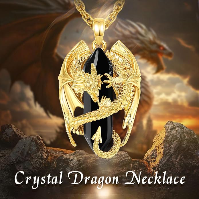 INFUSEU Unique Dragon Necklaces with Healing Crystal Stone for Men Women, Personalized Spiritual Gifts, 24 Inch Chain
