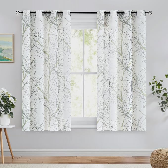 FMFUNCTEX Linen Sage Green White Semi Sheer Print Curtains 54 Inch 2 Panels | Short Sheer Branch Patterned Drapes, Light Filtering Grommet Panels for Kitchen, Bathroom, Cafe Windows and Farmhouse Curtain