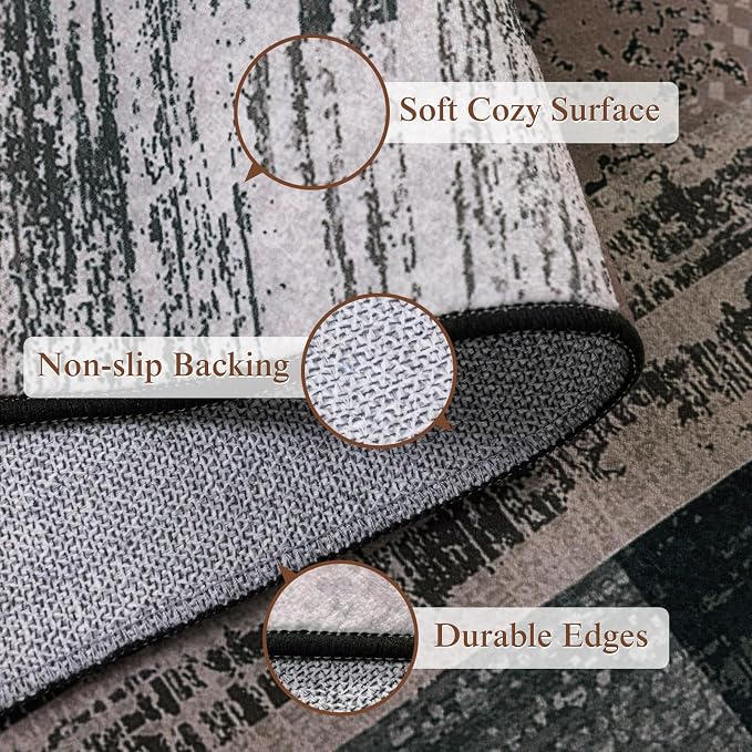 LIANLAM 6x9 Washable Area Rugs for Living Room and Bedroom(6x9,Black&Gray) | Non-Slip Large Carpet,Vintage Checkered Pattern, Stain Resistant Faux Wool Low Pile Soft Rug for Dining Room,Office,Nursery