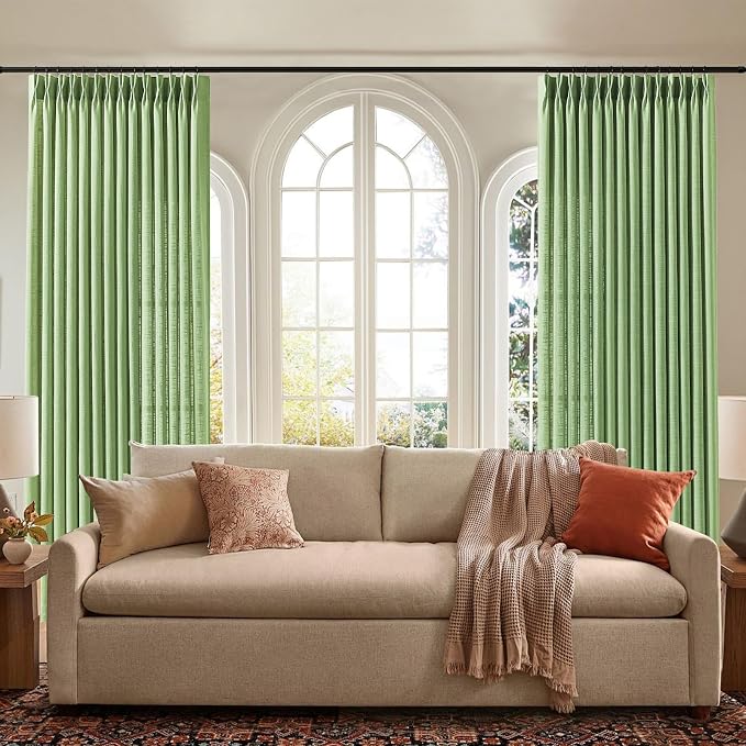 Sage Green Pinch Pleated Curtains 90 Inch Length 2 Panels for Living Room, Light Filtering Semi Sheer Pleated Curtain with Rings Memory Trained Modern Back Tab Drapes for Bedroom Office, 40x90