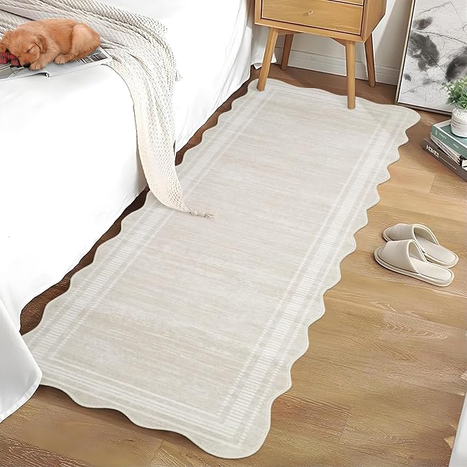 Washable Runner Rug 2x6 Modern Solid Scalloped Kitchen Runner Mat Minimalist Plain Long Runner Rug for Entryway Bedroom Bedside Non Slip Low Pile Boho Accent Solid Runner Rugs for Nursery, Ivory | Modern Long Runner Rug for Entryway Bedroom, Non Slip L...