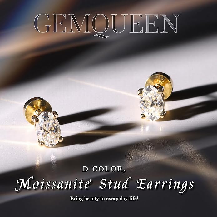 GEMQUEEN Moissanite Earrings Studs Flat Back Earrings Hypoallergenic - 14K Gold Plated Sterling Silver Earring for Women Men Small Dainty Cartilage Helix Piercing Jewelry D Color VVS1