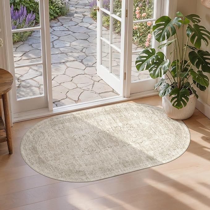Nakagishi Oval Rugs for Entryway: Washable Non-Slip Neutral 3x5 Area Rug for Kitchen, Pet Friendly, Soft Stain Resistant Low Pile Oval Carpet for Bedroom