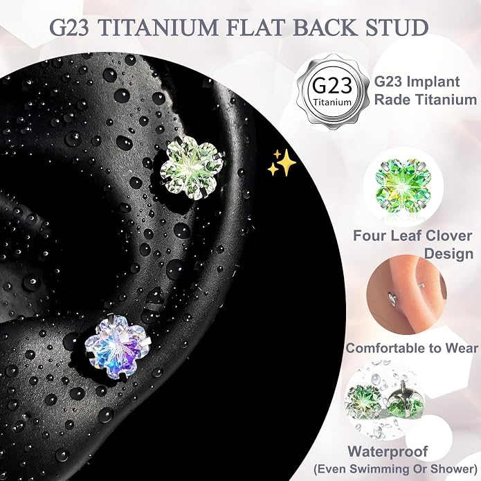 Flat Back Titanium Stud Earrings, Hypoallergenic G23 Titanium Cubic Zirconia Piercing, Versatile Eyebrow Lip Labret Cartilage Helix Sleeper 18G Jewelry for Women Men