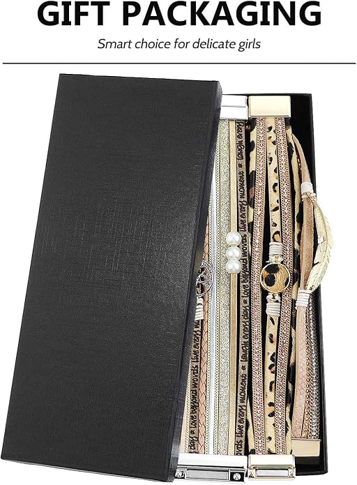 Wowanoo 3Pack Leather Cuff Bracelet Set Multilayer Wrap Bracelet Crystal Feather Tree Bracelet Magnetic Clasp Bracelet for Women