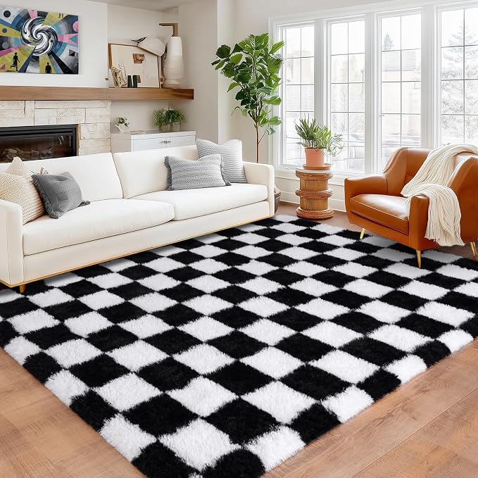Pionblank 9x12 Area Rug, Large Fluffy Checkered Rugs for Living Room, Shag Rug for Bedroom, Soft Non Slip Shag Carpet for Kids Room Nursery Home Decor, Black and White