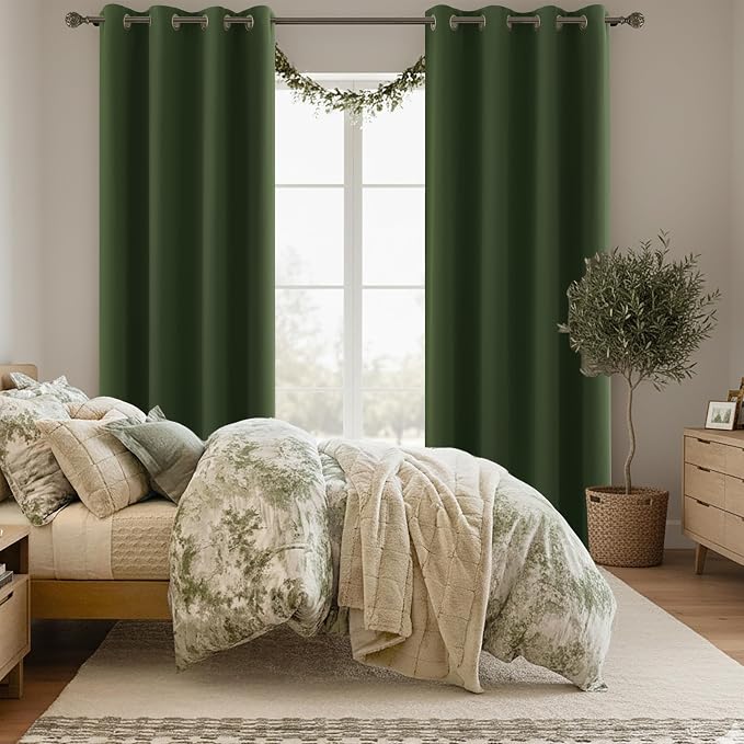 KOUFALL Olive Green Blackout Curtains 52 by 102 Inches Long for Living Room Bedroom