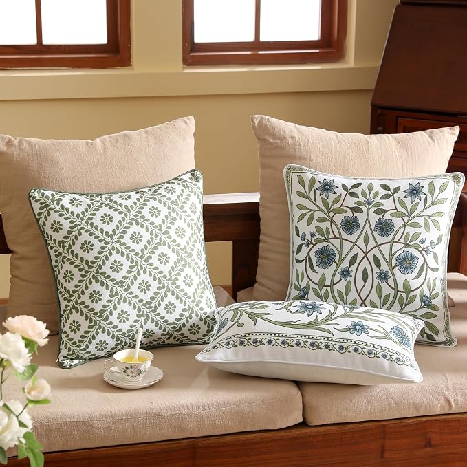 ISAENNE Designer Linen Throw Pillow Cover,Set of 2,18"x18"-Mosella C | French Elegant Square Decor Pillow Cover,Concealed Zipper Design,Floral Pattern,Sofa,Bedroom,Living Room,Lounge Chairs