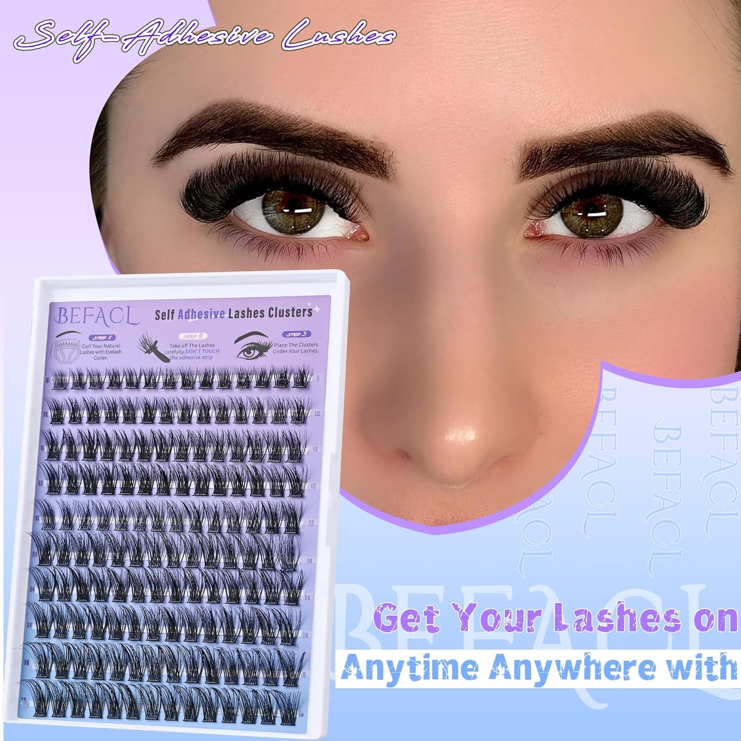 Self Adhesive Eyelashes Clusters Press on Lash Clusters Wispy Lash Extensions No Glue Needed Lashes Clusters Natural Cluster Eyelash Extensions Kit with Tweezers (8-16mm,C Curl)