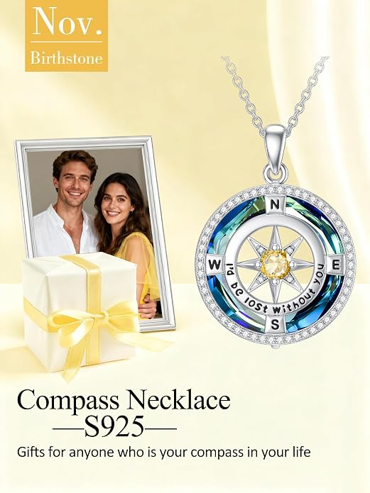 TOUPOP Necklace Gifts for Wife Compass Jewelry Women Anniversary Girlfriend Birthday Gift for Her Valentines I'd be Lost without You Sterling Silver Birthstone Necklaces