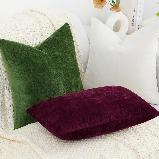 decorUhome Soft Chenille Burgundy Throw Pillow Covers 16X16 Set of 2 | Decorative Fall Couch Pillow Covers Solid Dyed Accent Modern Farmhouse Neutral Square Pillow Cases for Sofa