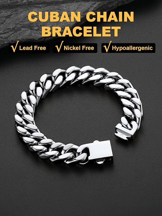 U7 Cuban Link Bracelets for Men Stainless Steel Wrist Bracelet Silver Black Gold Cuban Hand Chain Bracelet for Mens Women, 5/7/9/12mm Width, 7.5/8.3/9 Inch Length Classic Jewelry with Box Packed
